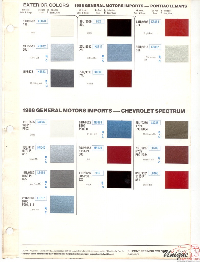 1988 GM LeMans And Spectrum Paint Charts DuPont 13